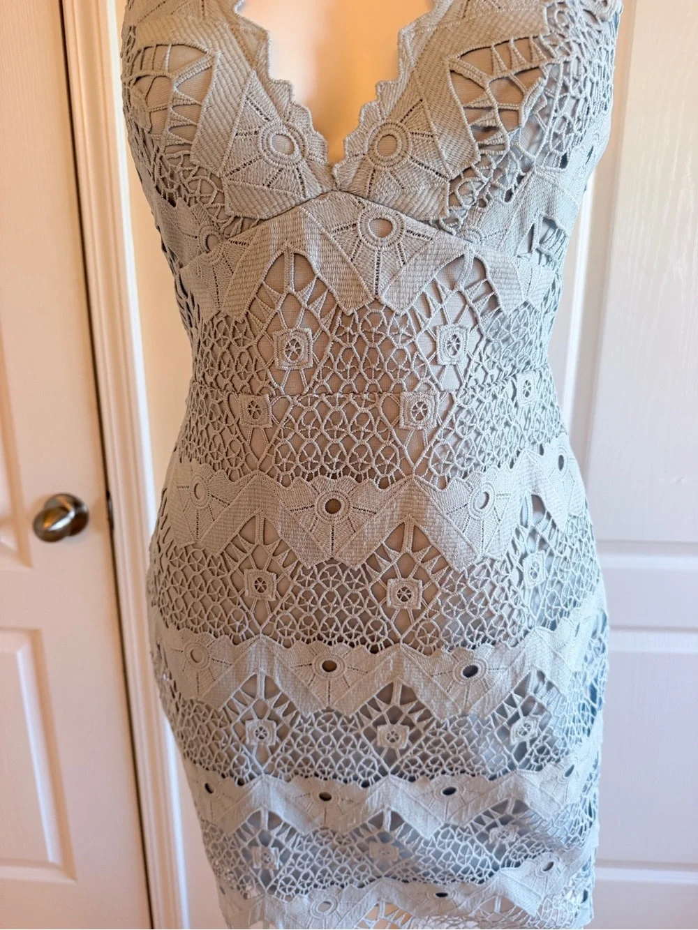 Lulus Sway Away Light Blue Crochet Lace V-Neck Dress Size S
